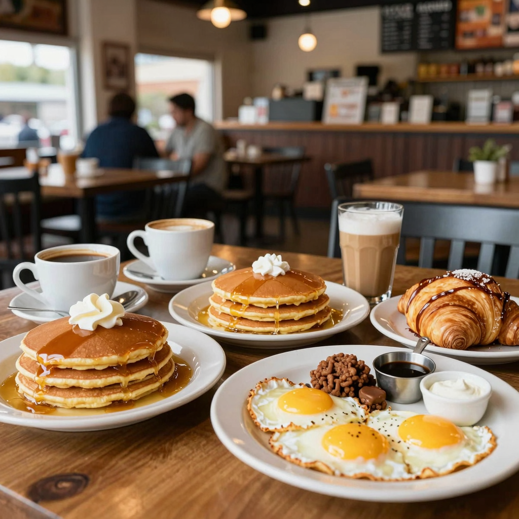 An inviting breakfast scene in a restaurant, showcasing a variety of delicious breakfast dishes like pancakes, eggs, coffee, and pastries, with a warm and welcoming atmosphere in Amarillo, Texas.
