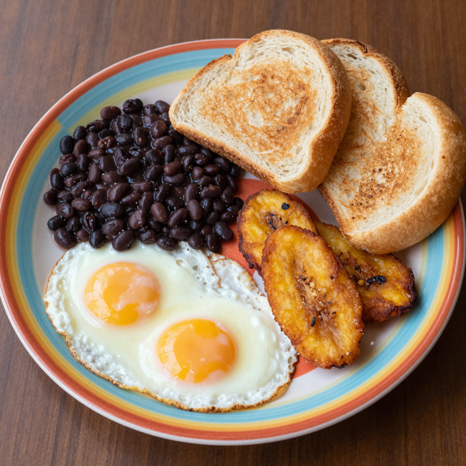 A traditional Cuban breakfast plate with eggs, fried plantains, black beans, Cuban bread, and guava pastries.