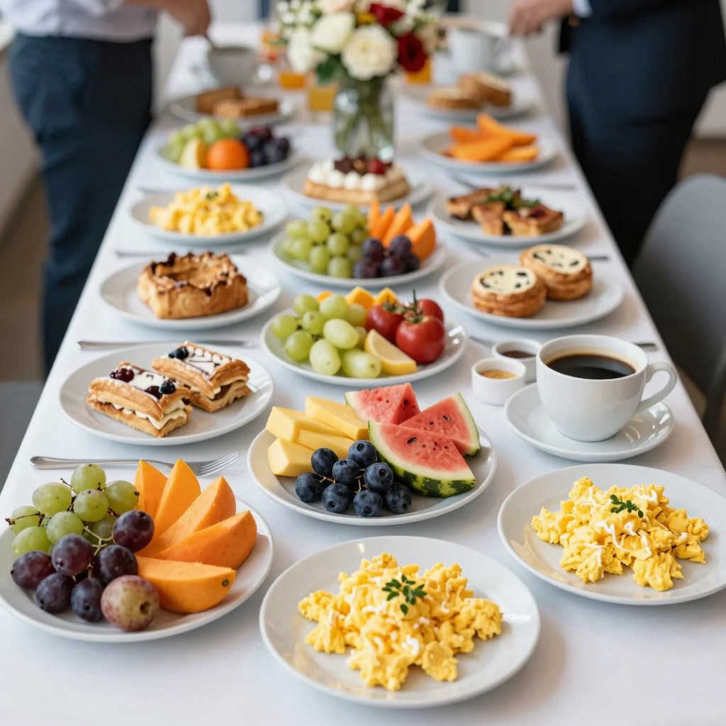 A colorful and appetizing spread of breakfast catering options including fresh fruits, pastries, scrambled eggs, and coffee, set on a beautifully arranged table for a corporate event.