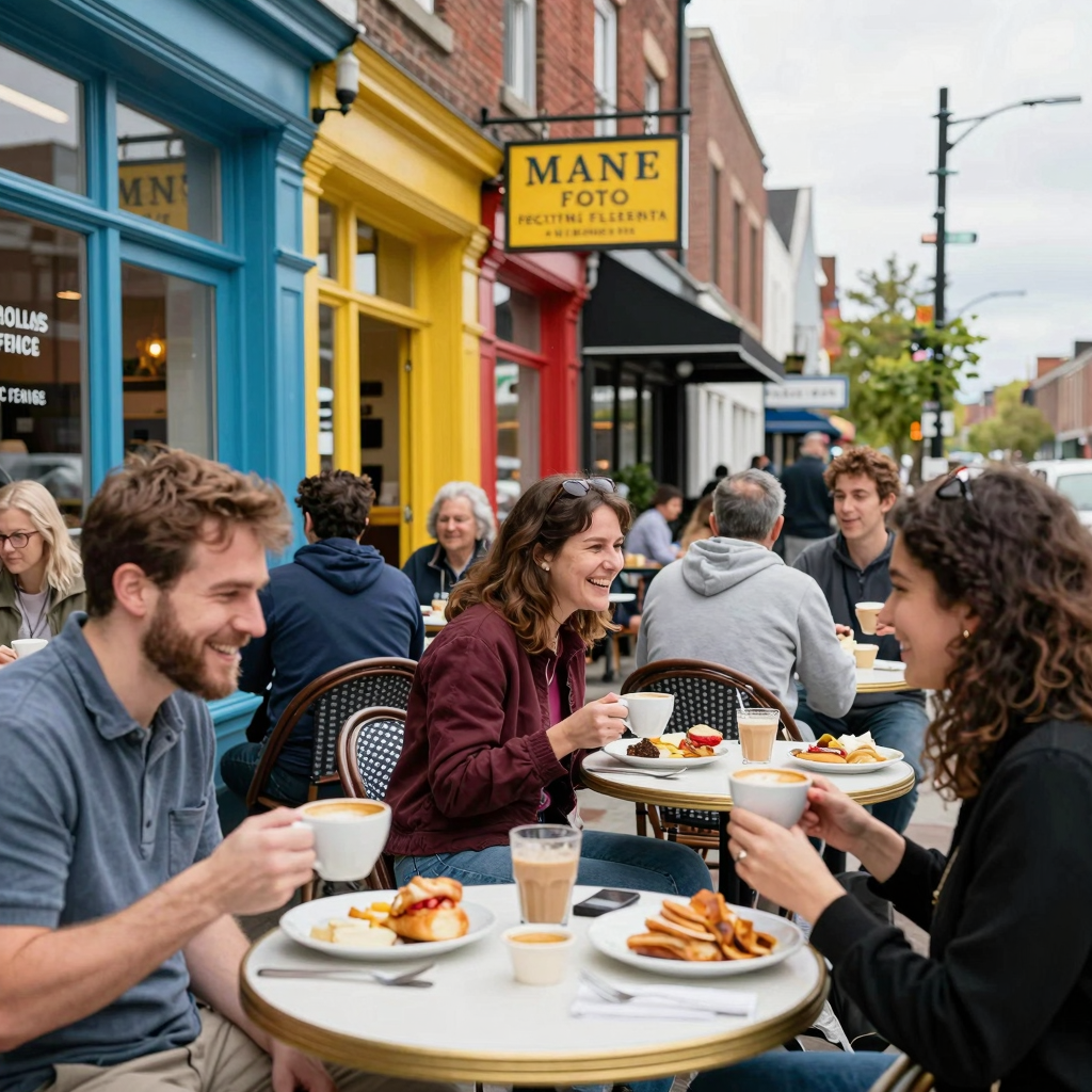 A vibrant breakfast scene on Main Street
