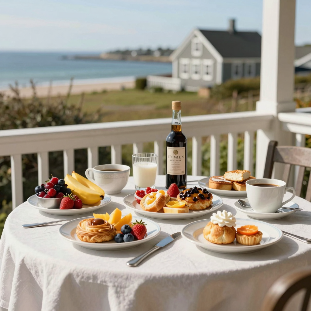 A picturesque breakfast setting on the Cape, showcasing a beautiful table with a variety of breakfast foods against a coastal view.