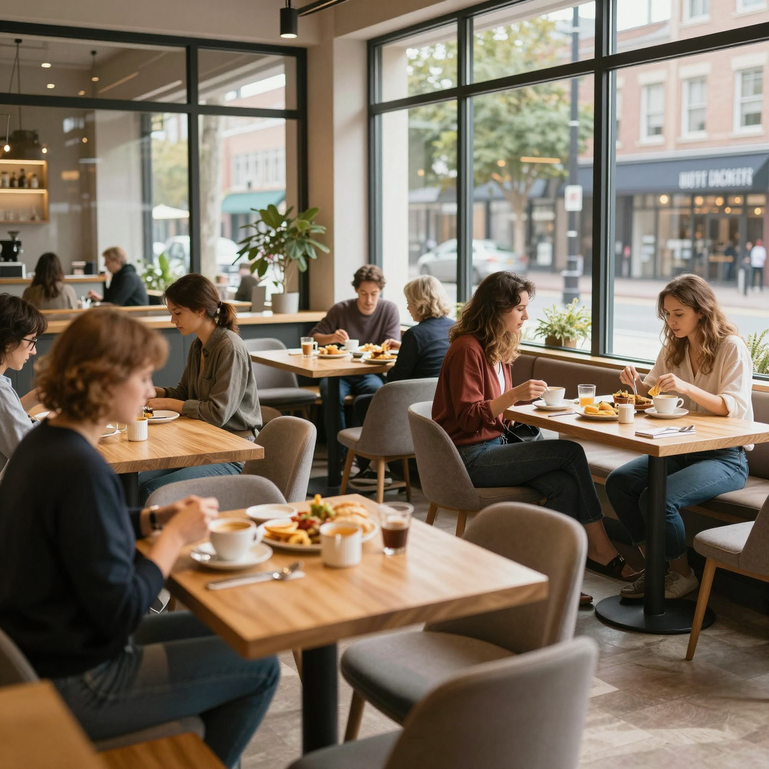 Bright and welcoming breakfast cafe interior with natural morning light, wooden tables, and cozy seating