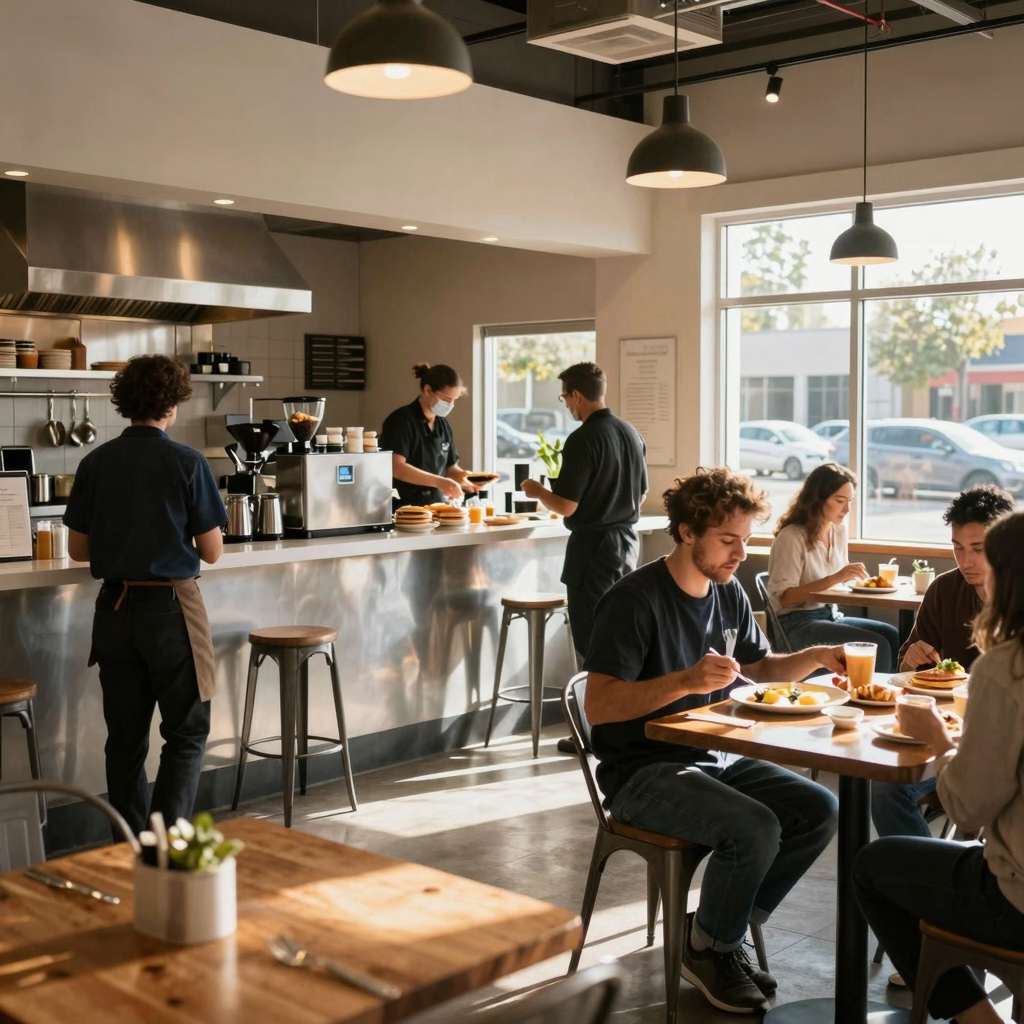 Bright morning cafe interior with breakfast service in Modesto, California