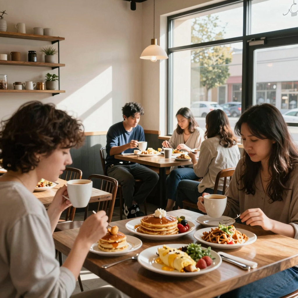 Cozy breakfast cafe in Modesto with morning sunlight