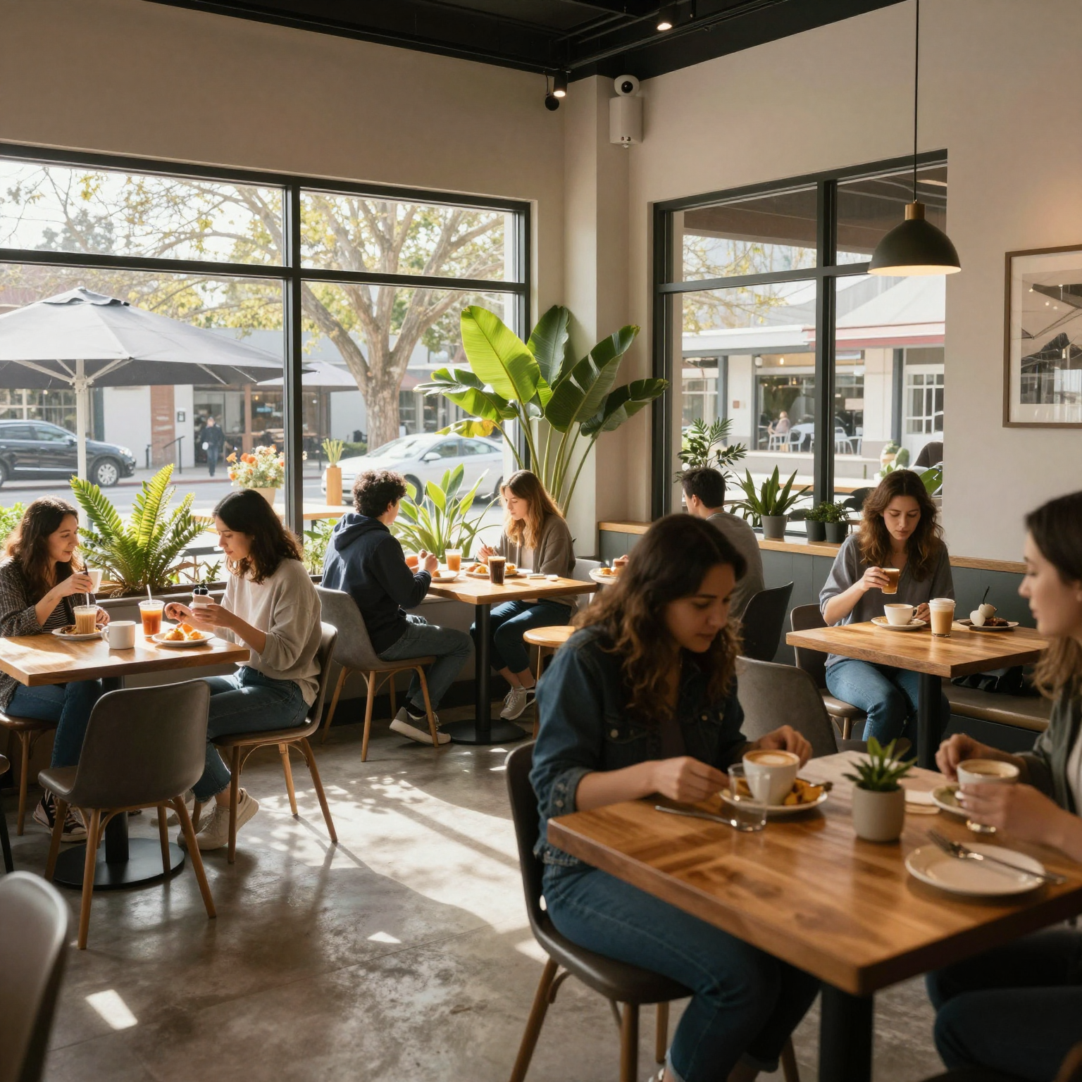 A warm and inviting breakfast cafe interior during spring season