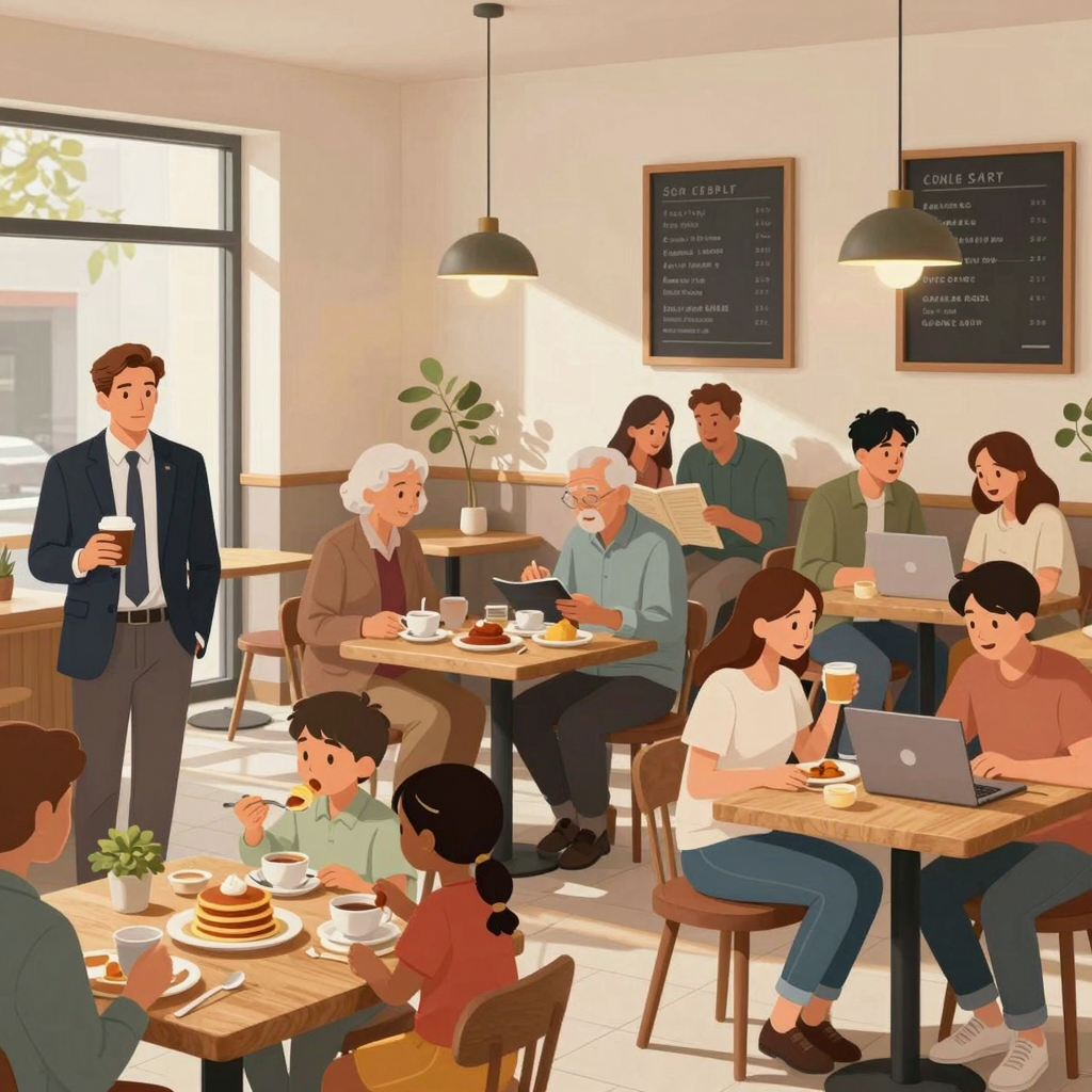 Diverse customer segments enjoying breakfast at a cafe