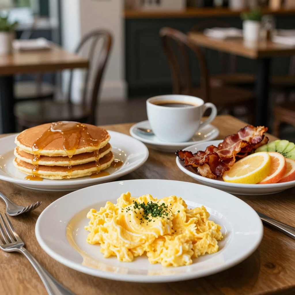 An inviting breakfast spread featuring scrambled eggs, pancakes, bacon, fresh fruit, and coffee.