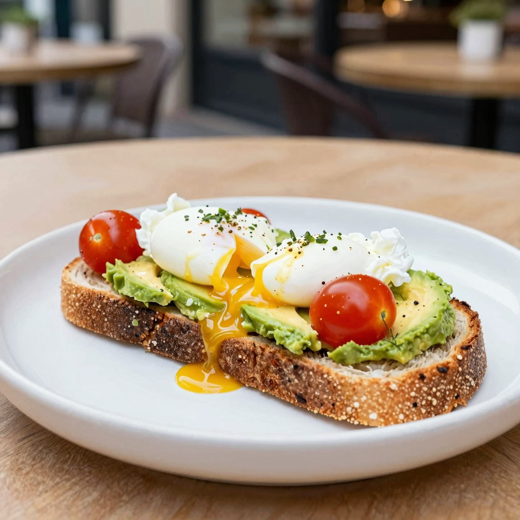 A vibrant image of avocado toast, poached eggs, and cherry tomatoes.