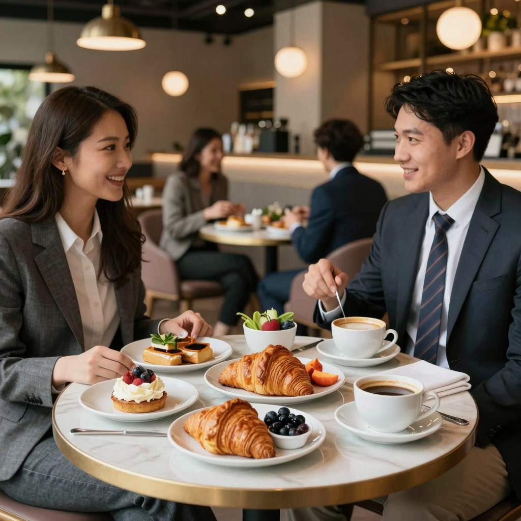 Gourmet breakfast table setting at a professional business cafe