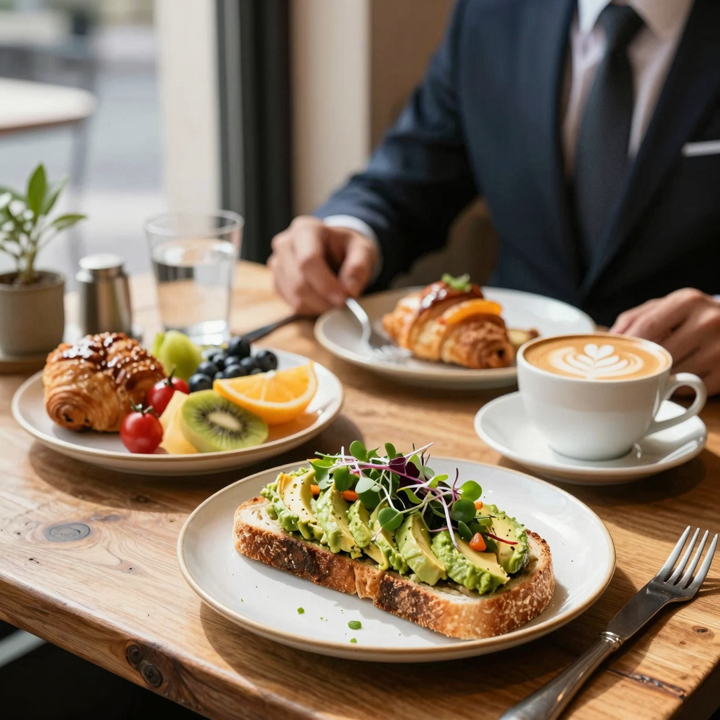 Gourmet breakfast spread with avocado toast, cappuccino, and pastries at a cozy cafe
