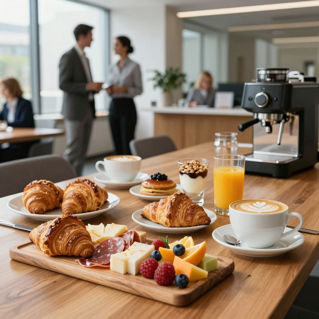 A luxurious gourmet breakfast spread in a modern office setting, featuring fresh pastries, fruit, cheeses, and coffee - the ultimate employee benefit.