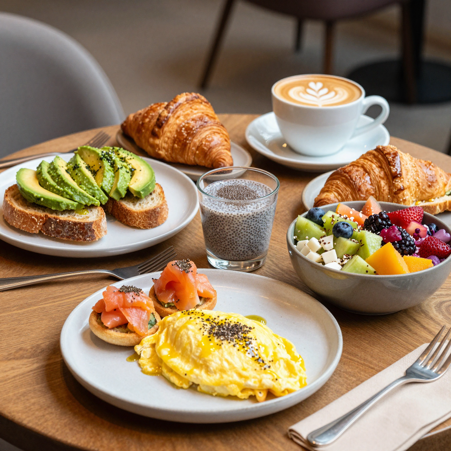 Gourmet breakfast spread featuring seven premium items in an elegant cafe setting