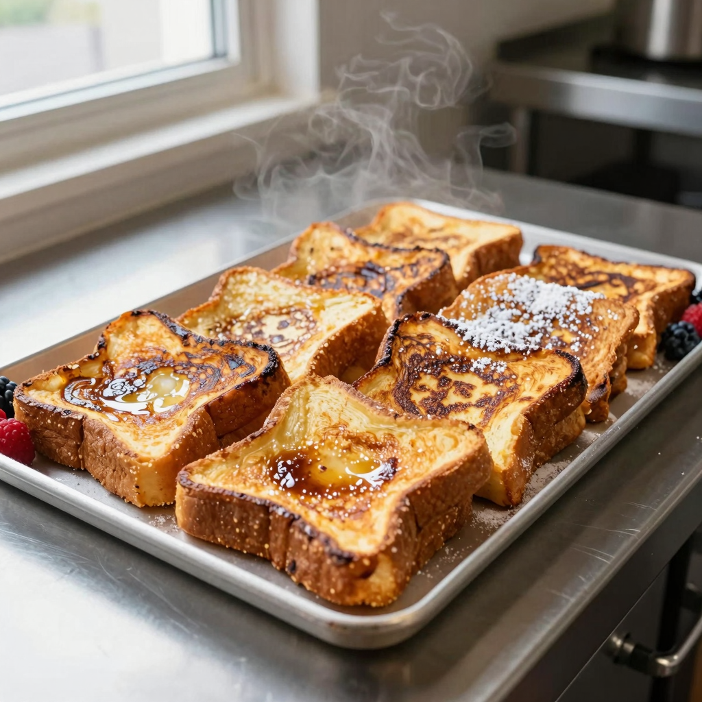 A commercial tray of perfectly baked golden-brown overnight french toast, fresh from the oven, steaming gently in a professional kitchen setting