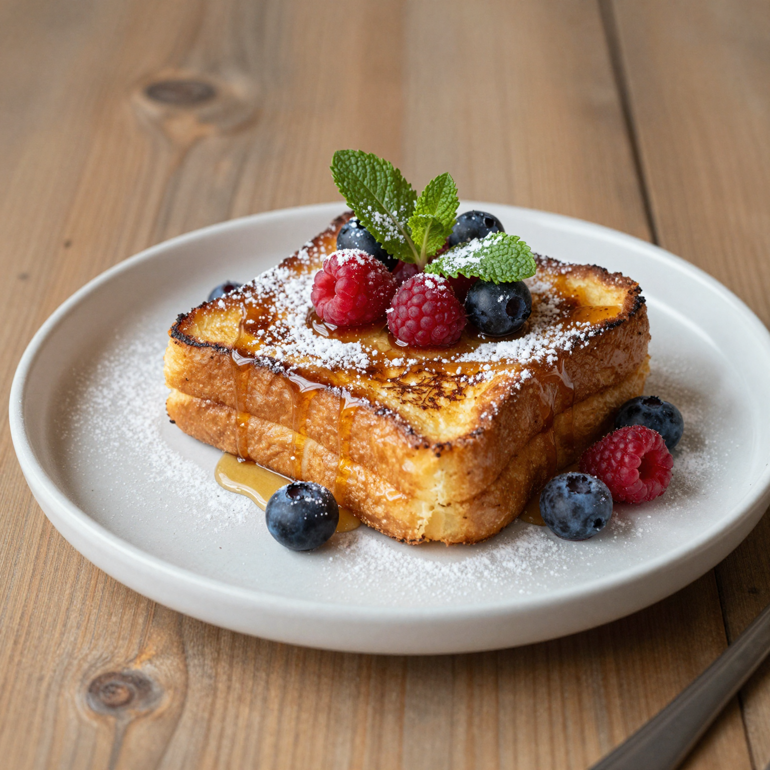 A beautifully plated overnight french toast with fresh berries and maple syrup