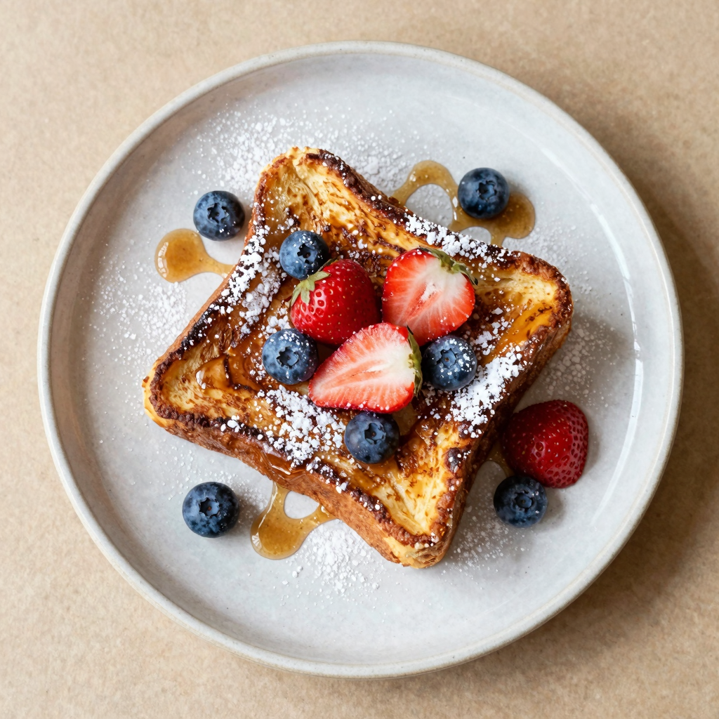 Golden-brown overnight french toast with fresh berries, powdered sugar, and maple syrup drizzle on a rustic plate