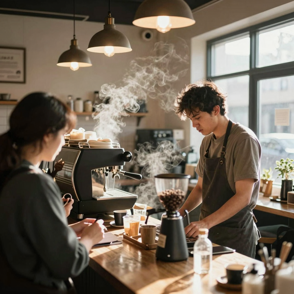 A busy café during morning rush hour with a stressed owner managing the chaos