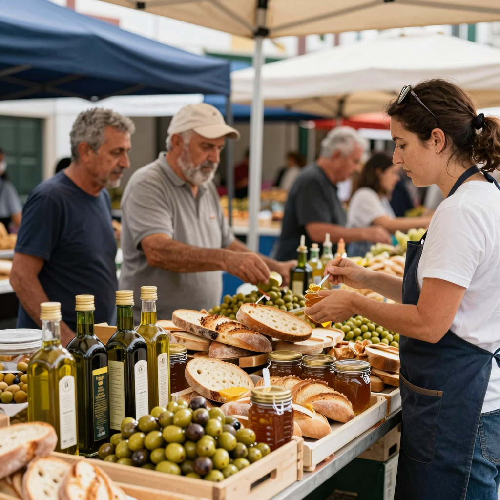 A vibrant scene from a local Portuguese market showcasing fresh ingredients supporting authentic breakfast preparation.
