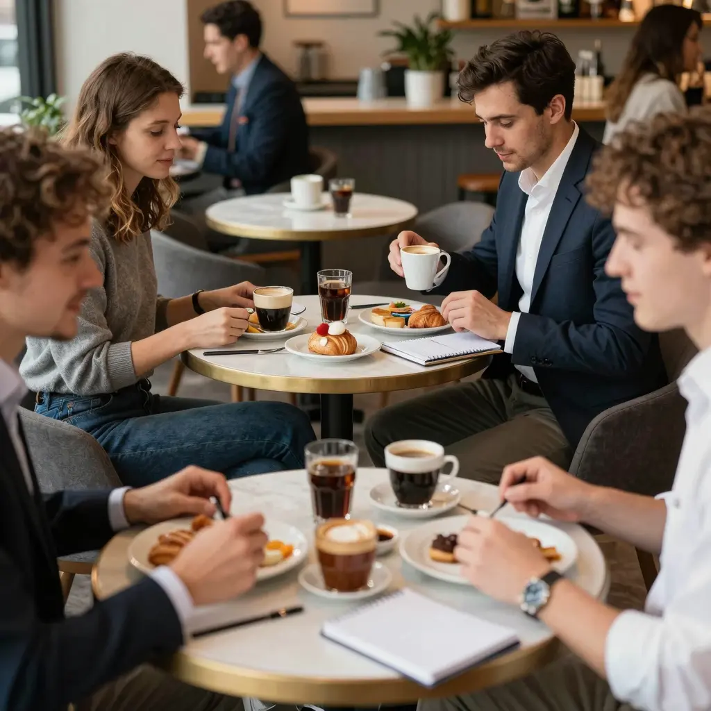 Cozy breakfast cafe scene with business meetings