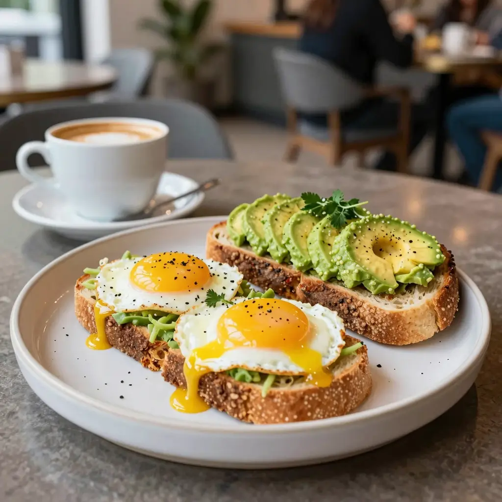 Delicious breakfast plate with eggs and coffee