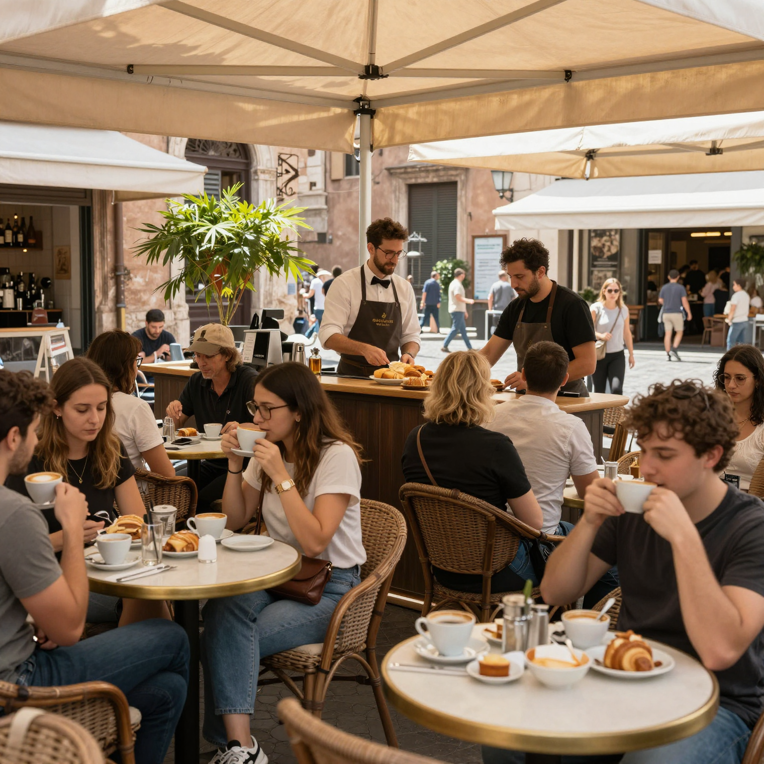 A bustling Roman café scene, showcasing vibrant ambiance with outdoor seating, people enjoying coffee and pastries, traditional Italian architecture in the background, warm sunlight illuminating the space, friendly baristas serving customers, and a lively atmosphere.