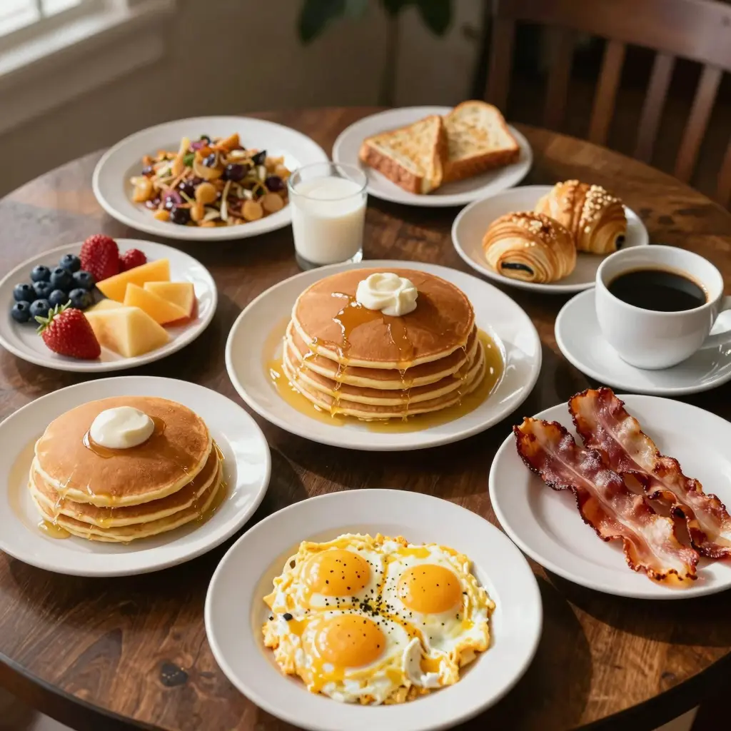 A typical breakfast spread featuring a variety of dishes commonly offered in Ogden, Utah