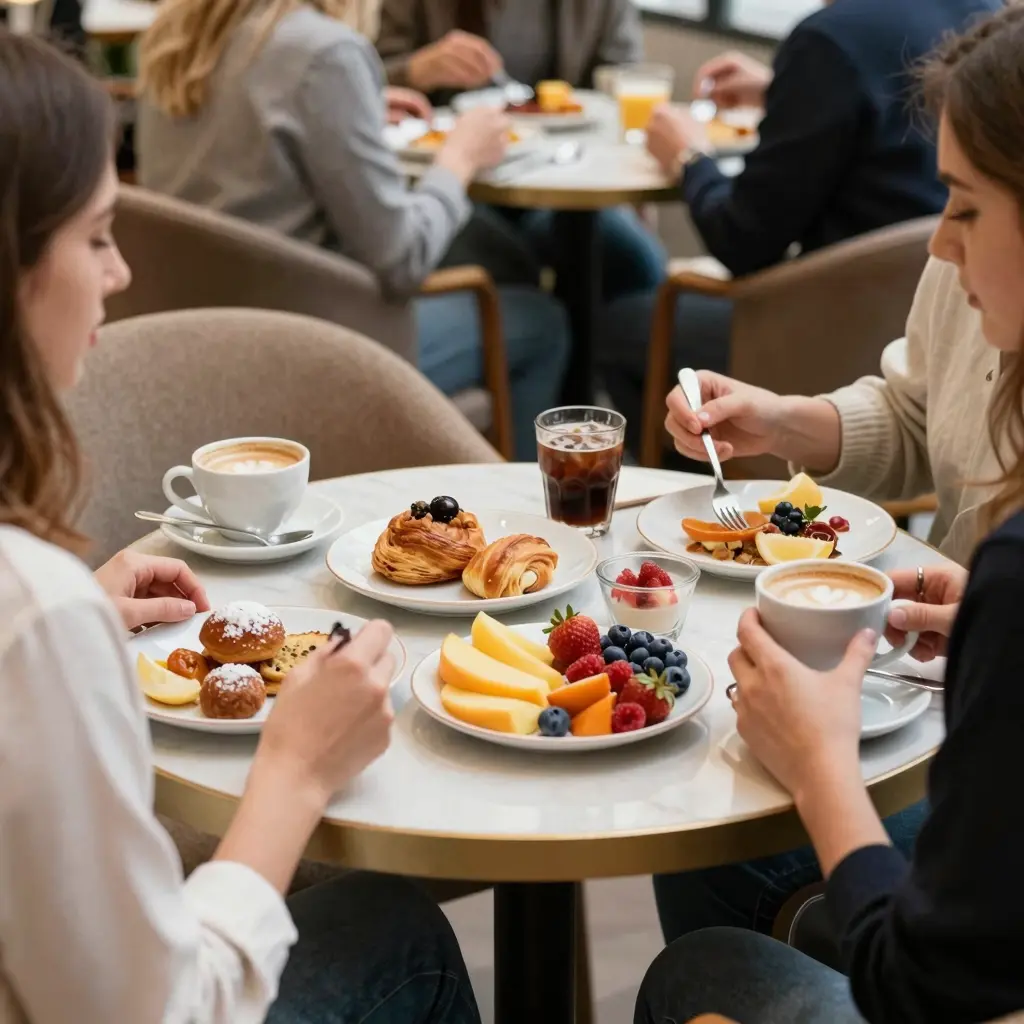 A cozy and inviting breakfast setting at Eataly with delicious dishes, cozy chairs, and vibrant colors that evoke a warm atmosphere. People enjoying their breakfast, with a variety of plates such as Italian pastries, coffee, and fresh fruit on the table.