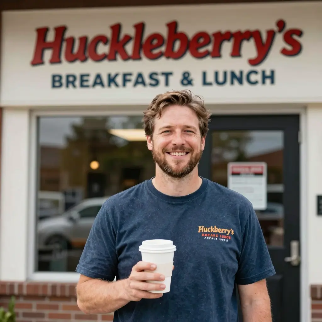 A local business owner smiling, standing in front of Huckleberry's Breakfast & Lunch, holding a cup of coffee.