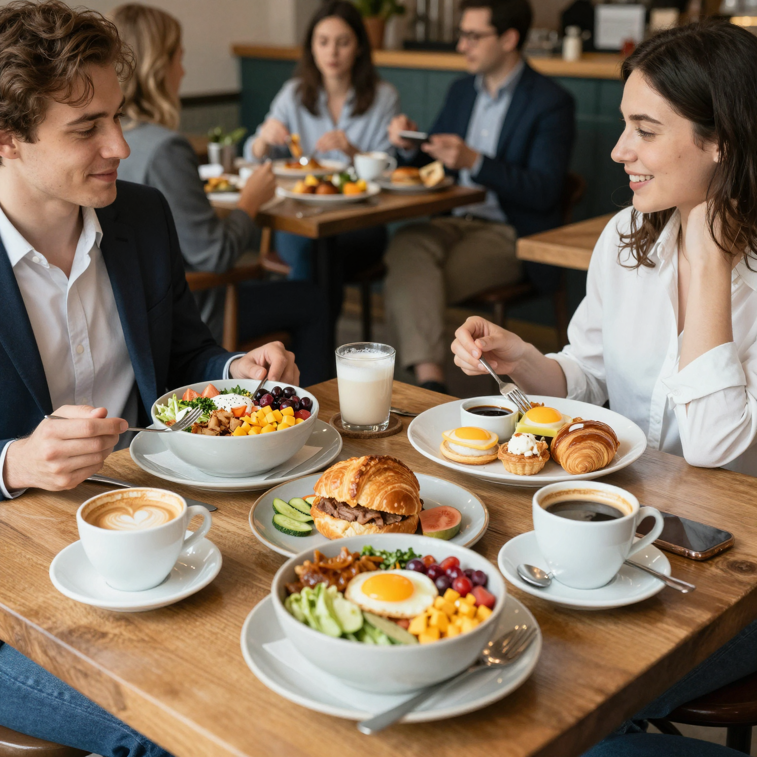 A vibrant breakfast setting in a local cafe, showcasing diverse breakfast items such as healthy bowls, pastries, and coffee, with business professionals networking over breakfast.