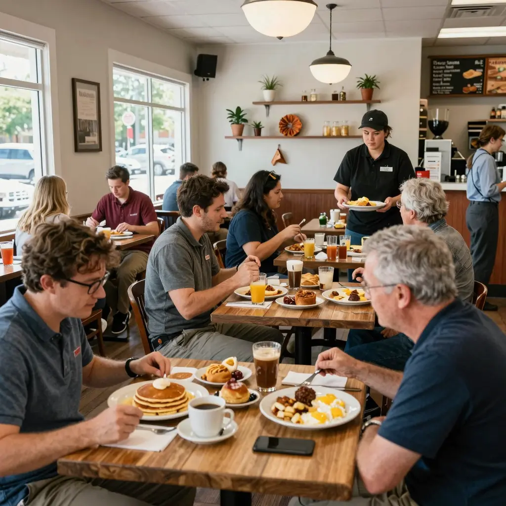A bustling breakfast scene in Spartanburg restaurant