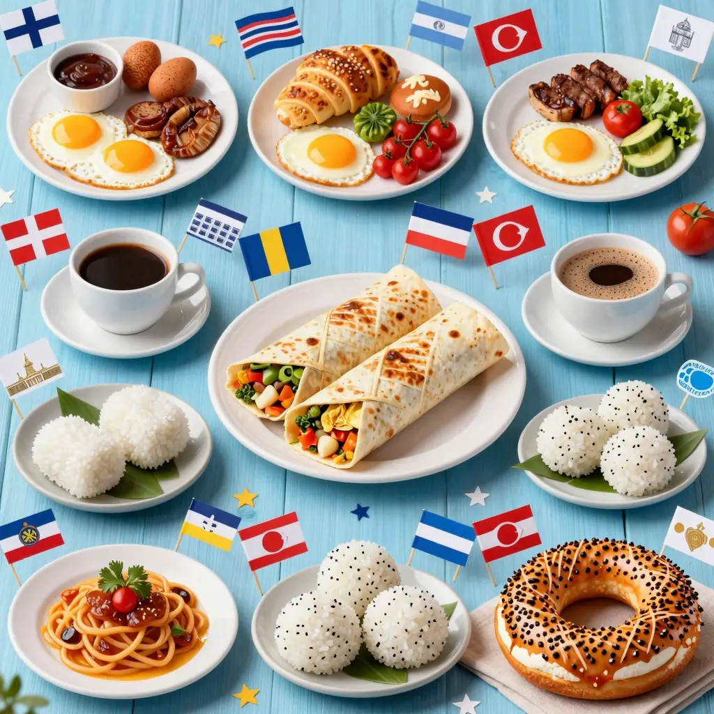 A vibrant collage depicting various breakfast dishes from around the world, showcasing cultural diversity.