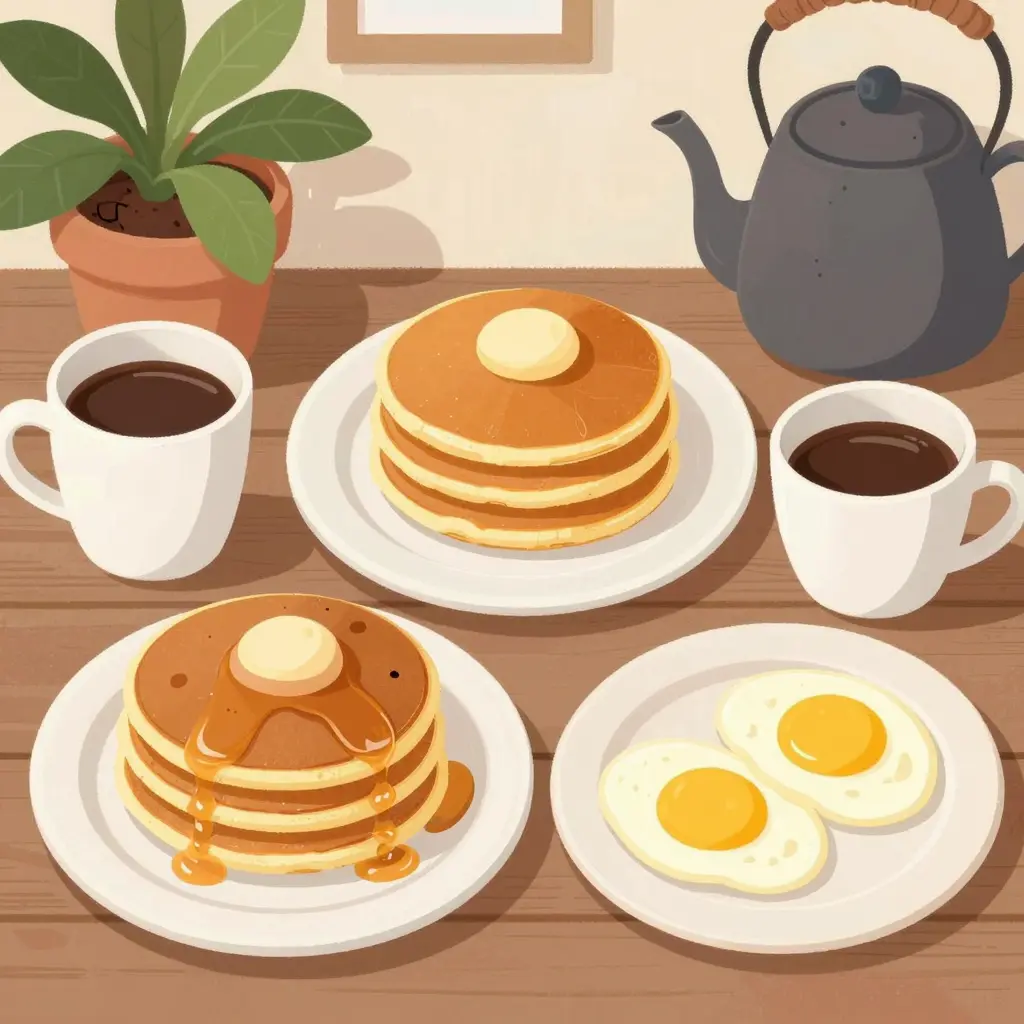 A colorful breakfast spread typical of South Boston, including pancakes, eggs, coffee, and pastries.
